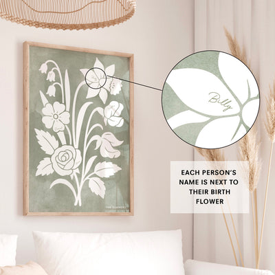 Family Birth Flowers | Minimalist Bouquet - Art Print, Poster, Stretched Canvas or Framed Wall Art Prints, shown framed in a room