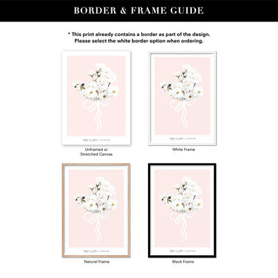Custom Bridal Bouquet Illustration - Art Print, Poster, Stretched Canvas or Framed Wall Art, Showing White , Black, Natural Frame Colours, No Frame (Unframed) or Stretched Canvas, and With or Without White Borders