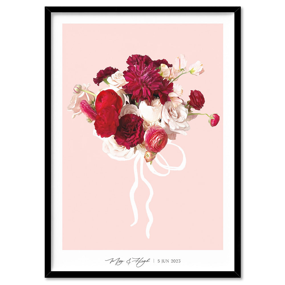 Custom Bridal Bouquet Illustration - Art Print, Poster, Stretched Canvas, or Framed Wall Art Print, shown in a black frame