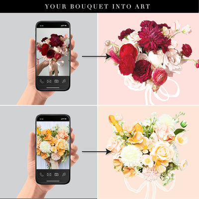 Custom Bridal Bouquet Illustration - Art Print, Poster, Stretched Canvas or Framed Wall Art, shown framed in a home interior space