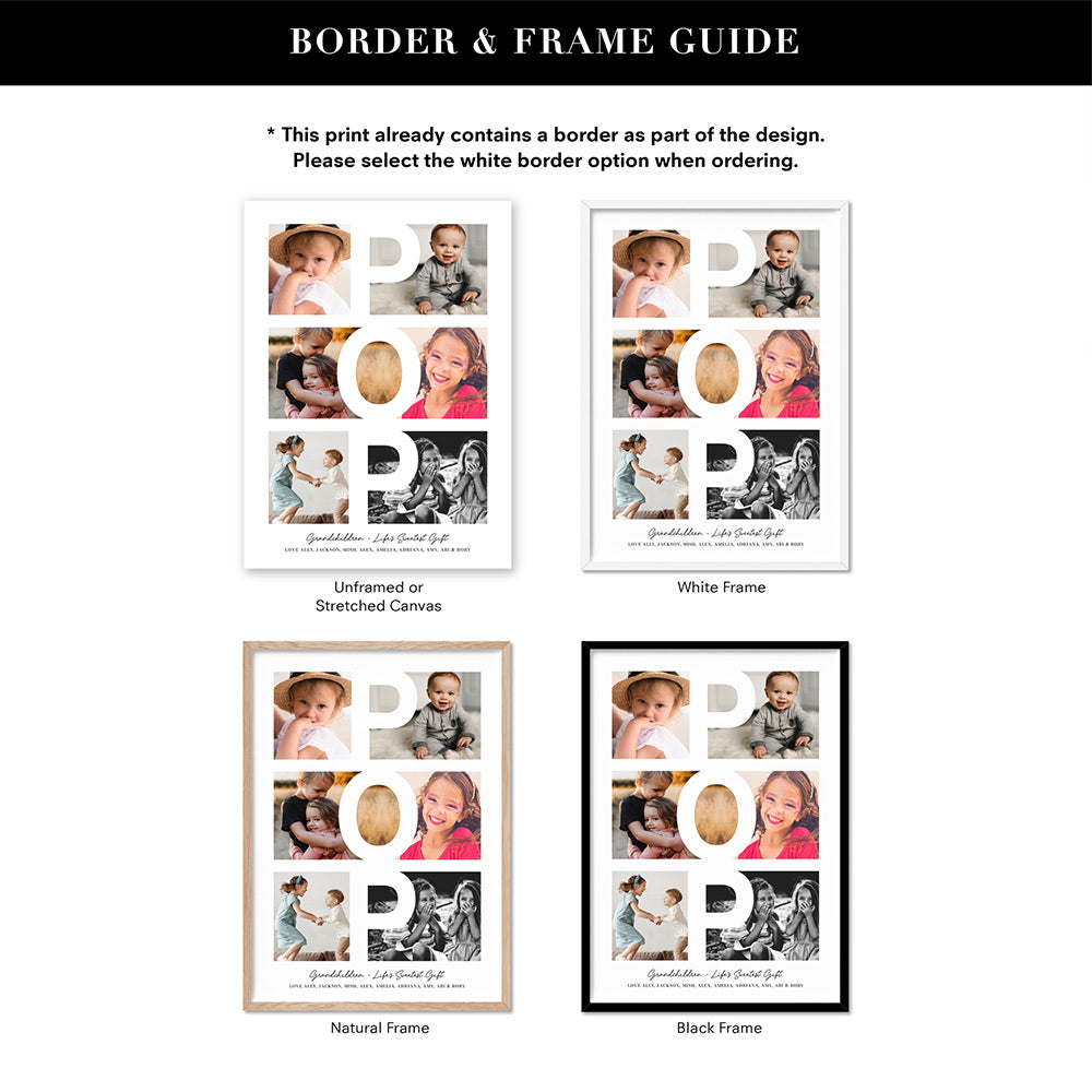 Custom Grandpa Day Photo Collage - Art Print, Poster, Stretched Canvas or Framed Wall Art, Showing White , Black, Natural Frame Colours, No Frame (Unframed) or Stretched Canvas, and With or Without White Borders