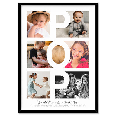 Custom Grandpa Day Photo Collage - Art Print, Poster, Stretched Canvas, or Framed Wall Art Print, shown in a black frame