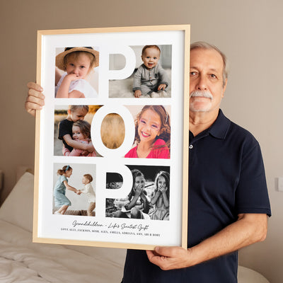 Custom Grandpa Day Photo Collage - Art Print, Poster, Stretched Canvas or Framed Wall Art Prints, shown framed in a room