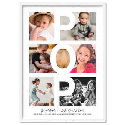 Custom Grandpa Day Photo Collage - Art Print, Poster, Stretched Canvas, or Framed Wall Art Print, shown in a white frame