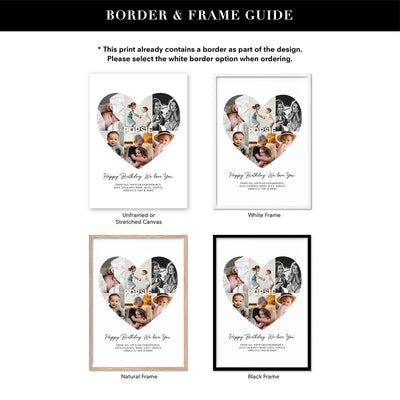 Custom Grandpa Heart Photo Collage - Art Print, Poster, Stretched Canvas or Framed Wall Art, Showing White , Black, Natural Frame Colours, No Frame (Unframed) or Stretched Canvas, and With or Without White Borders