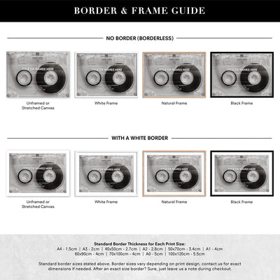 Custom Cassette Tape | Minimalist - Art Print, Poster, Stretched Canvas or Framed Wall Art, Showing White , Black, Natural Frame Colours, No Frame (Unframed) or Stretched Canvas, and With or Without White Borders