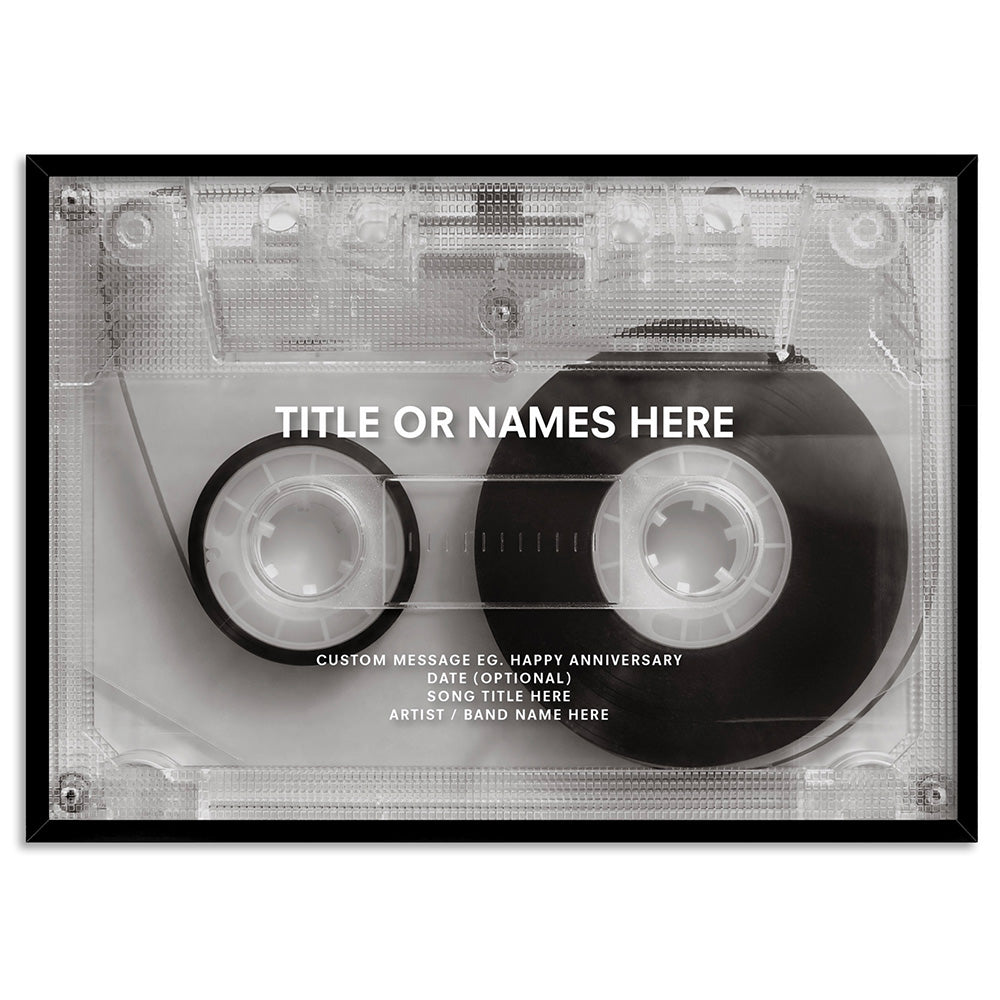Custom Cassette Tape | Minimalist - Art Print, Poster, Stretched Canvas, or Framed Wall Art Print, shown in a black frame