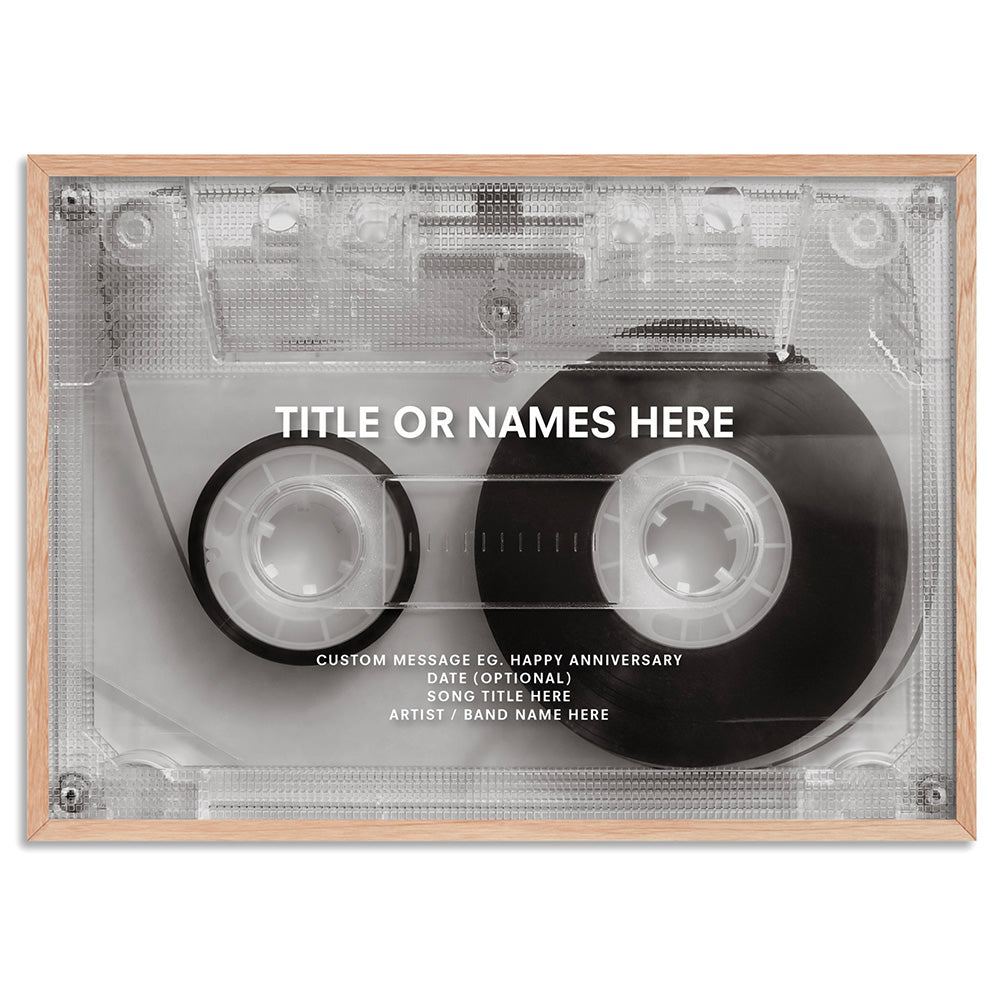 Custom Cassette Tape | Minimalist - Art Print, Poster, Stretched Canvas, or Framed Wall Art Print, shown in a natural timber frame