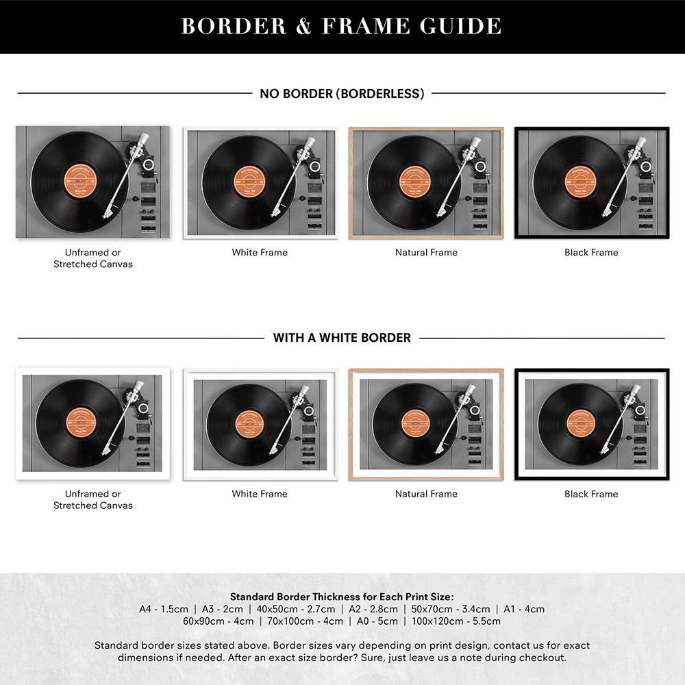 Custom Vinyl Record Player - Art Print, Poster, Stretched Canvas or Framed Wall Art, Showing White , Black, Natural Frame Colours, No Frame (Unframed) or Stretched Canvas, and With or Without White Borders