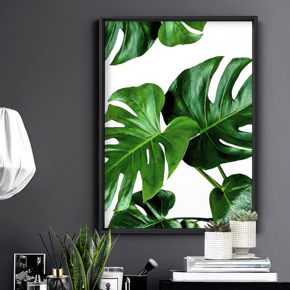 Monstera Leaves - Art Print, Poster, Stretched Canvas or Framed Wall Art Prints, shown framed in a room