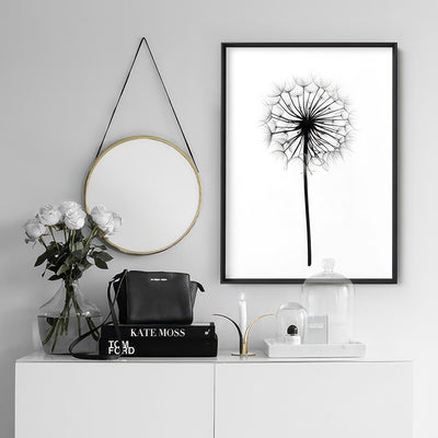 Dandelion Monochrome - Art Print, Poster, Stretched Canvas or Framed Wall Art Prints, shown framed in a room