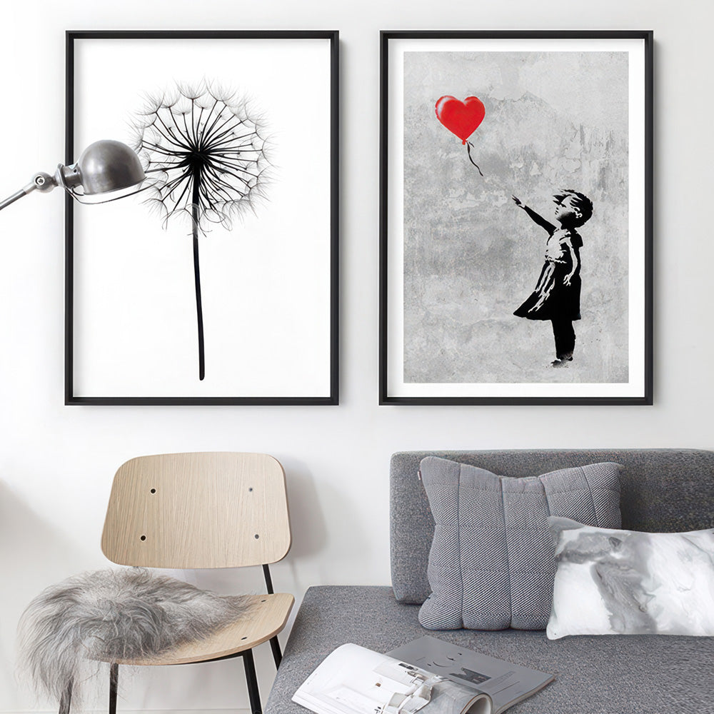 Dandelion Monochrome - Art Print, Poster, Stretched Canvas or Framed Wall Art, shown framed in a home interior space