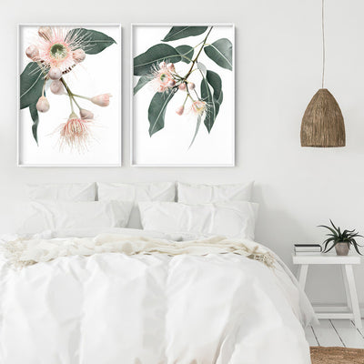 Flowering Eucalyptus in Blush II - Art Print, Poster, Stretched Canvas or Framed Wall Art, shown framed in a home interior space