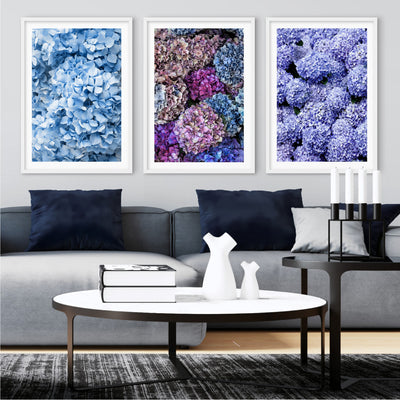 Purple & Pink Hydrangea Detail - Art Print, Poster, Stretched Canvas or Framed Wall Art, shown framed in a home interior space