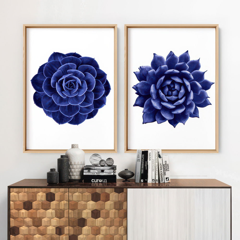 Indigo Succulent I - Art Print, Poster, Stretched Canvas or Framed Wall Art, shown framed in a home interior space