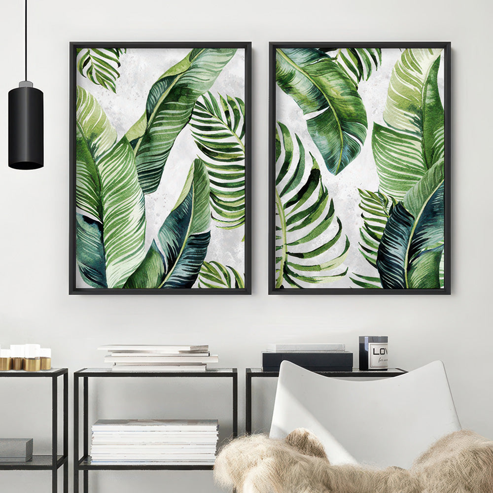 Tropical Palm & Banana Leaves Foliage in Watercolour II - Art Print, Poster, Stretched Canvas or Framed Wall Art, shown framed in a home interior space