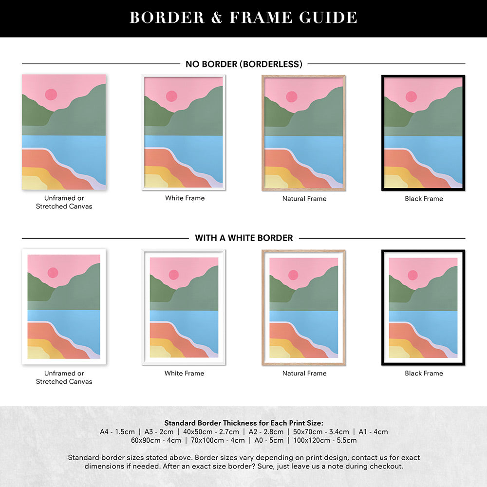 Paradise Island - Art Print by Poppy Key, Poster, Stretched Canvas or Framed Wall Art, Showing White , Black, Natural Frame Colours, No Frame (Unframed) or Stretched Canvas, and With or Without White Borders