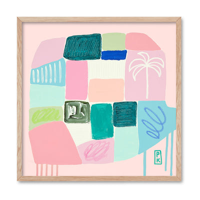 Beach Life - Square Art Print by Poppy Key, Poster, Stretched Canvas, or Framed Wall Art Print, shown in a natural timber frame