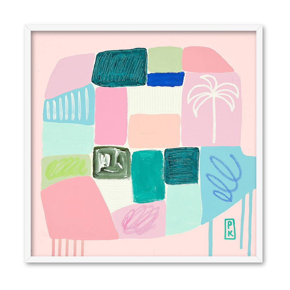 Beach Life - Square Art Print by Poppy Key, Poster, Stretched Canvas, or Framed Wall Art Print, shown in a white frame