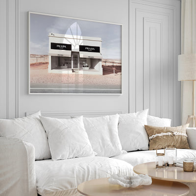 Marfa Store Texas in Blush - Art Print, Poster, Stretched Canvas or Framed Wall Art Prints, shown framed in a room