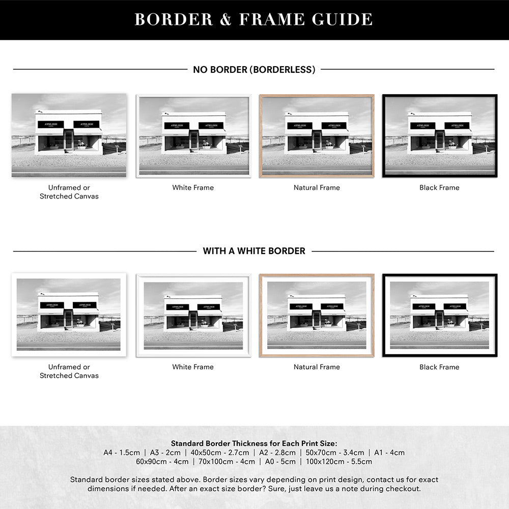 Marfa Store Texas in B&W - Art Print, Poster, Stretched Canvas or Framed Wall Art, Showing White , Black, Natural Frame Colours, No Frame (Unframed) or Stretched Canvas, and With or Without White Borders