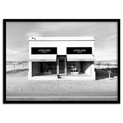 Marfa Store Texas in B&W - Art Print, Poster, Stretched Canvas, or Framed Wall Art Print, shown in a black frame