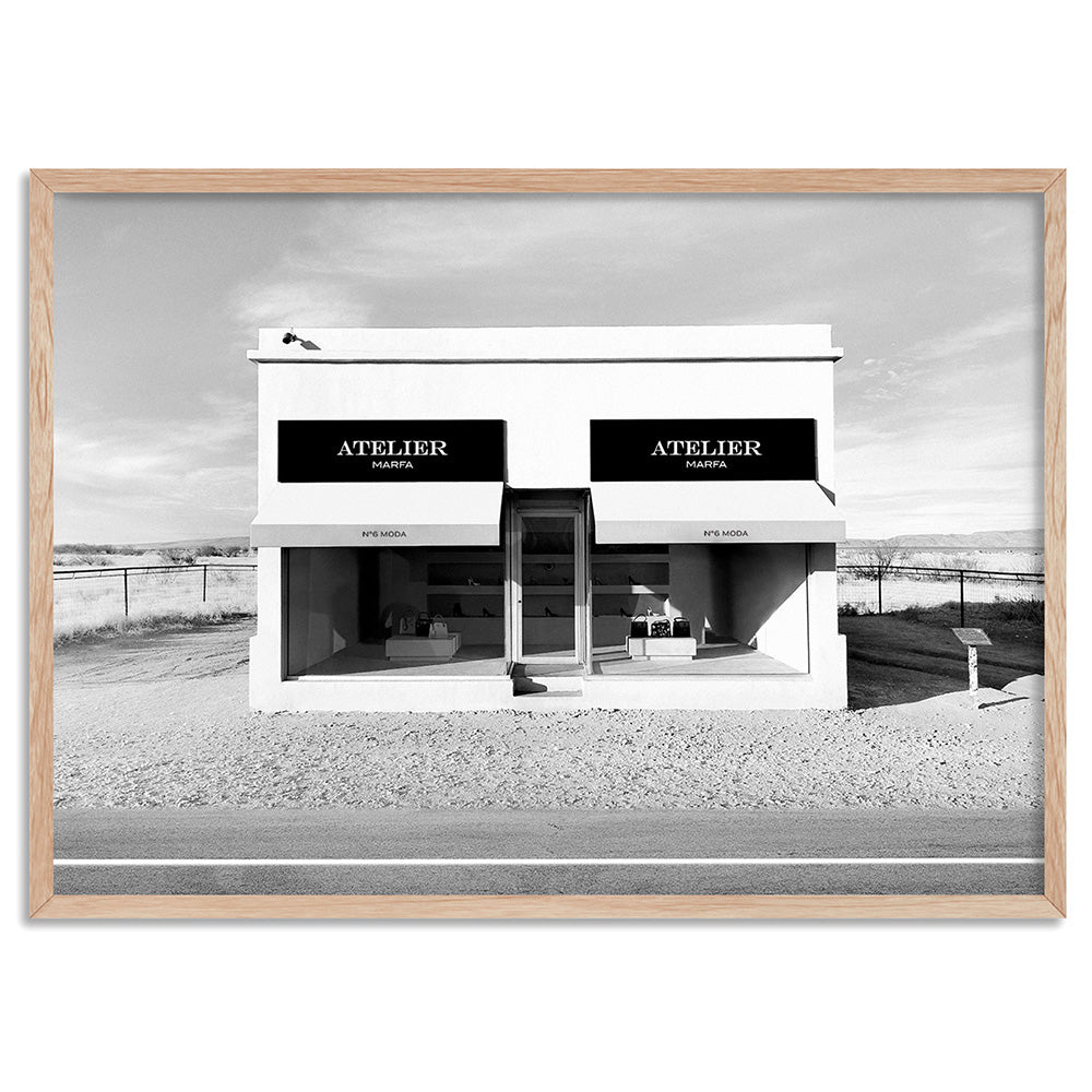 Marfa Store Texas in B&W - Art Print, Poster, Stretched Canvas, or Framed Wall Art Print, shown in a natural timber frame
