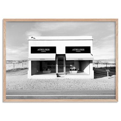 Marfa Store Texas in B&W - Art Print, Poster, Stretched Canvas, or Framed Wall Art Print, shown in a natural timber frame