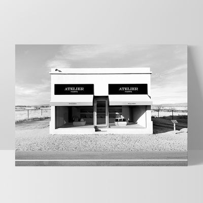 Marfa Store Texas in B&W - Art Print, Poster, Stretched Canvas, or Framed Wall Art Print, shown as a stretched canvas or poster without a frame