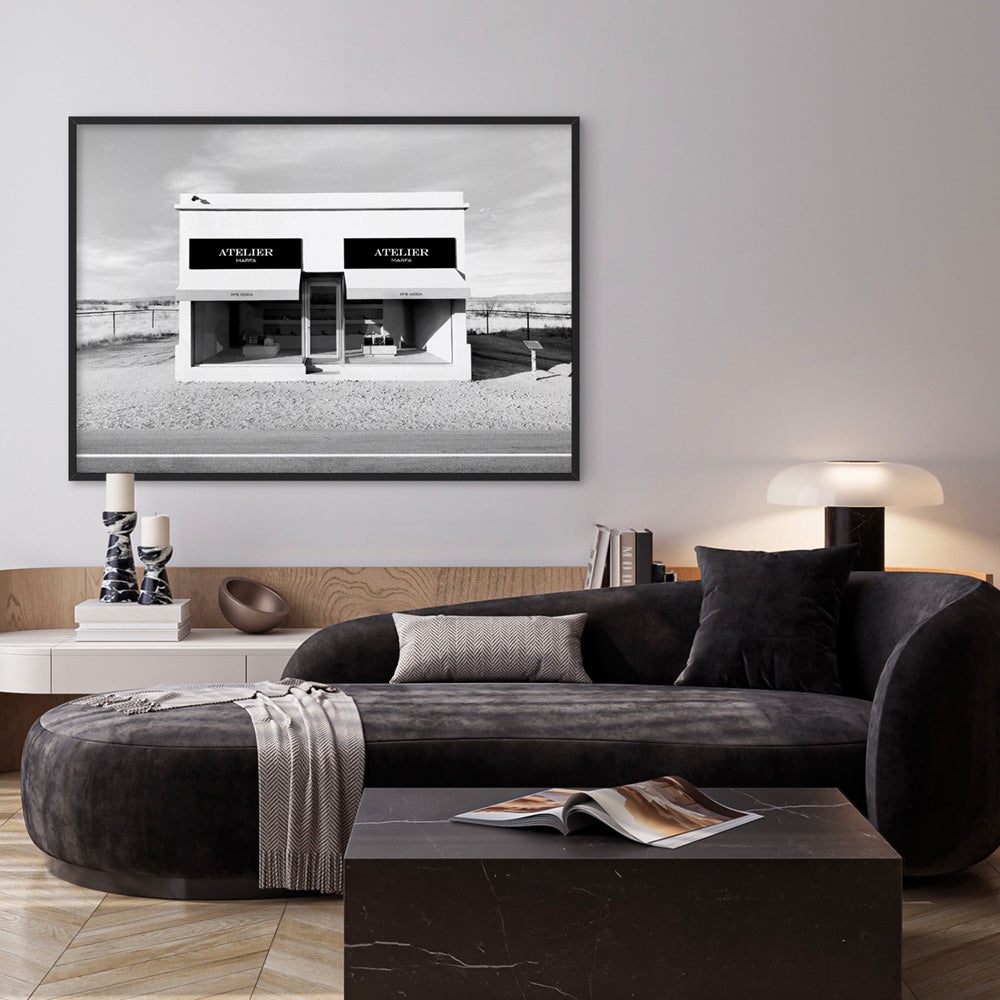 Marfa Store Texas in B&W - Art Print, Poster, Stretched Canvas or Framed Wall Art Prints, shown framed in a room