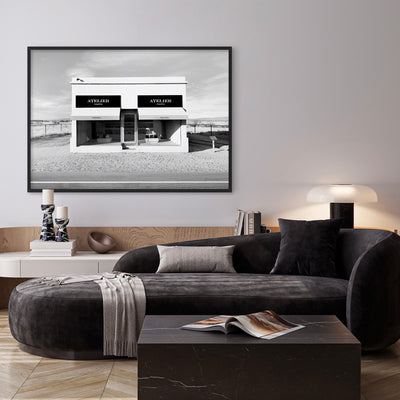 Marfa Store Texas in B&W - Art Print, Poster, Stretched Canvas or Framed Wall Art Prints, shown framed in a room