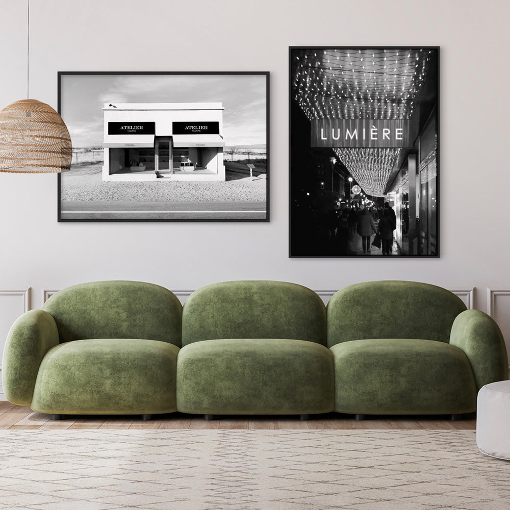 Marfa Store Texas in B&W - Art Print, Poster, Stretched Canvas or Framed Wall Art, shown framed in a home interior space