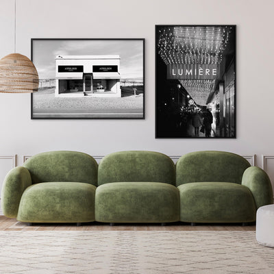 Marfa Store Texas in B&W - Art Print, Poster, Stretched Canvas or Framed Wall Art, shown framed in a home interior space