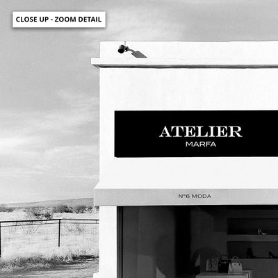 Marfa Store Texas in B&W - Art Print, Poster, Stretched Canvas or Framed Wall Art, Close up View of Print Resolution