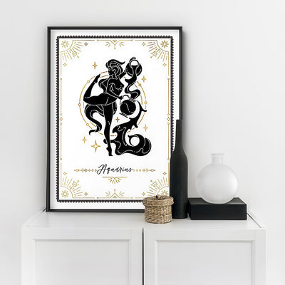 Aquarius Star Sign | Tarot Card Style (faux look foil) - Art Print, Poster, Stretched Canvas or Framed Wall Art Prints, shown framed in a room