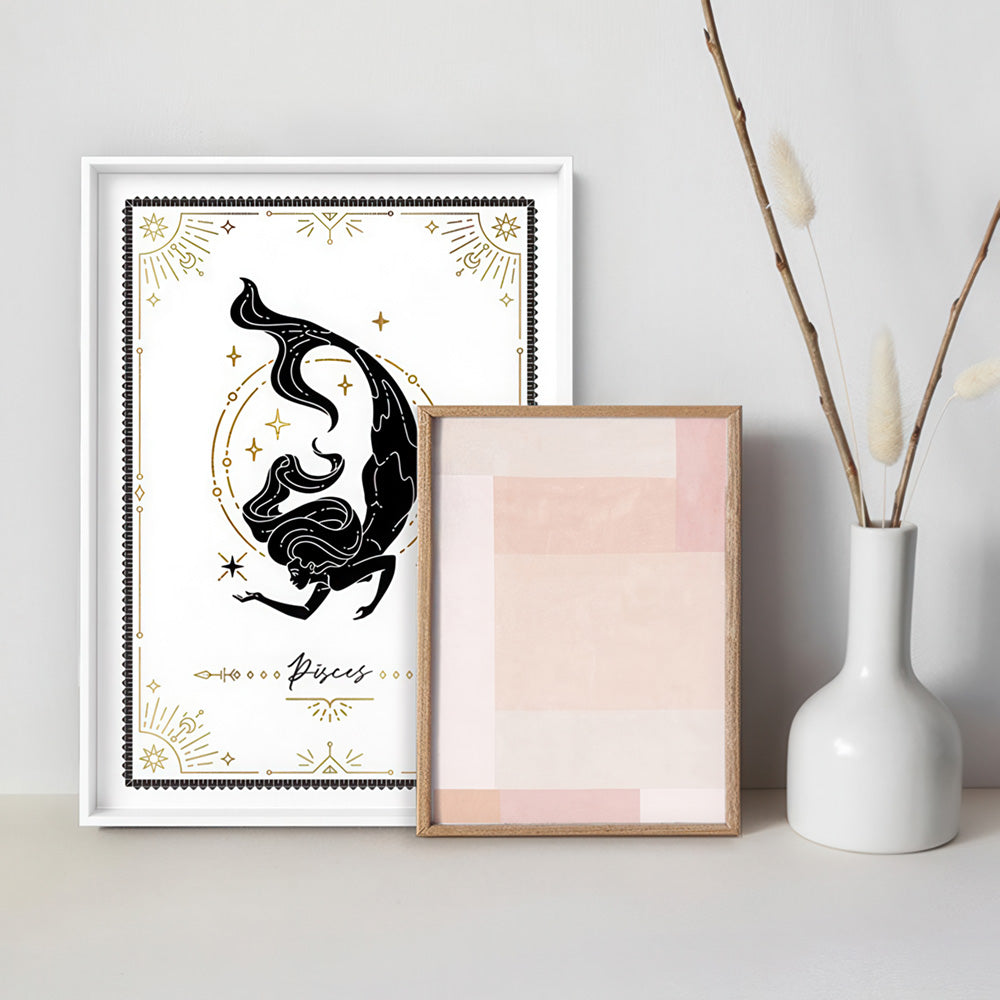 Pisces Star Sign | Tarot Card Style (faux look foil) - Art Print, Poster, Stretched Canvas or Framed Wall Art, shown framed in a home interior space