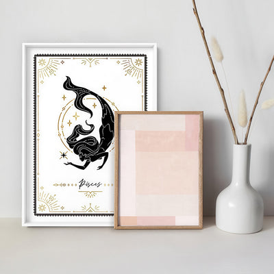 Pisces Star Sign | Tarot Card Style (faux look foil) - Art Print, Poster, Stretched Canvas or Framed Wall Art, shown framed in a home interior space