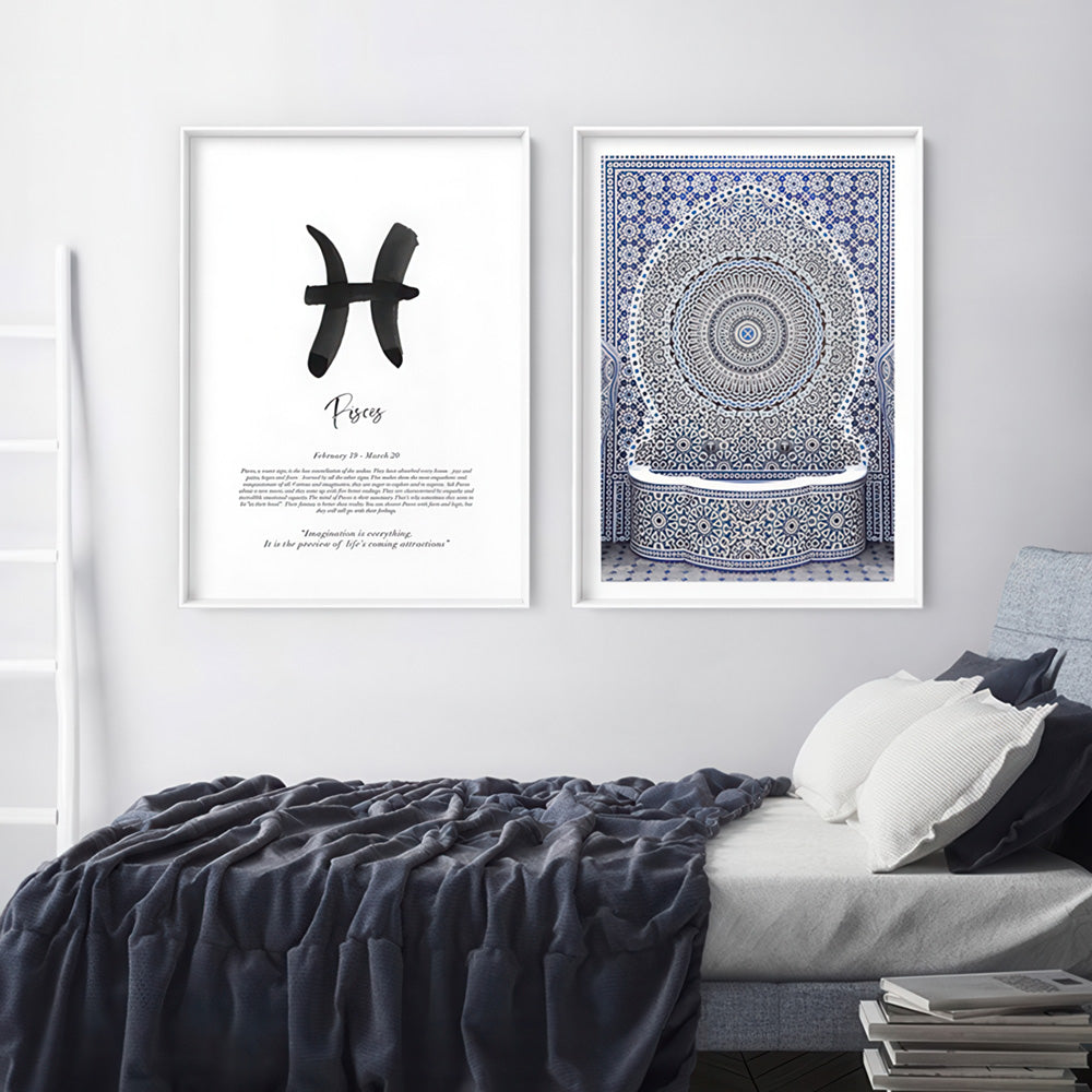 Pisces Star Sign | Watercolour Symbol - Art Print, Poster, Stretched Canvas or Framed Wall Art, shown framed in a home interior space