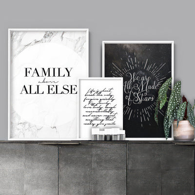 Family, above all else - Art Print, Poster, Stretched Canvas or Framed Wall Art, shown framed in a home interior space