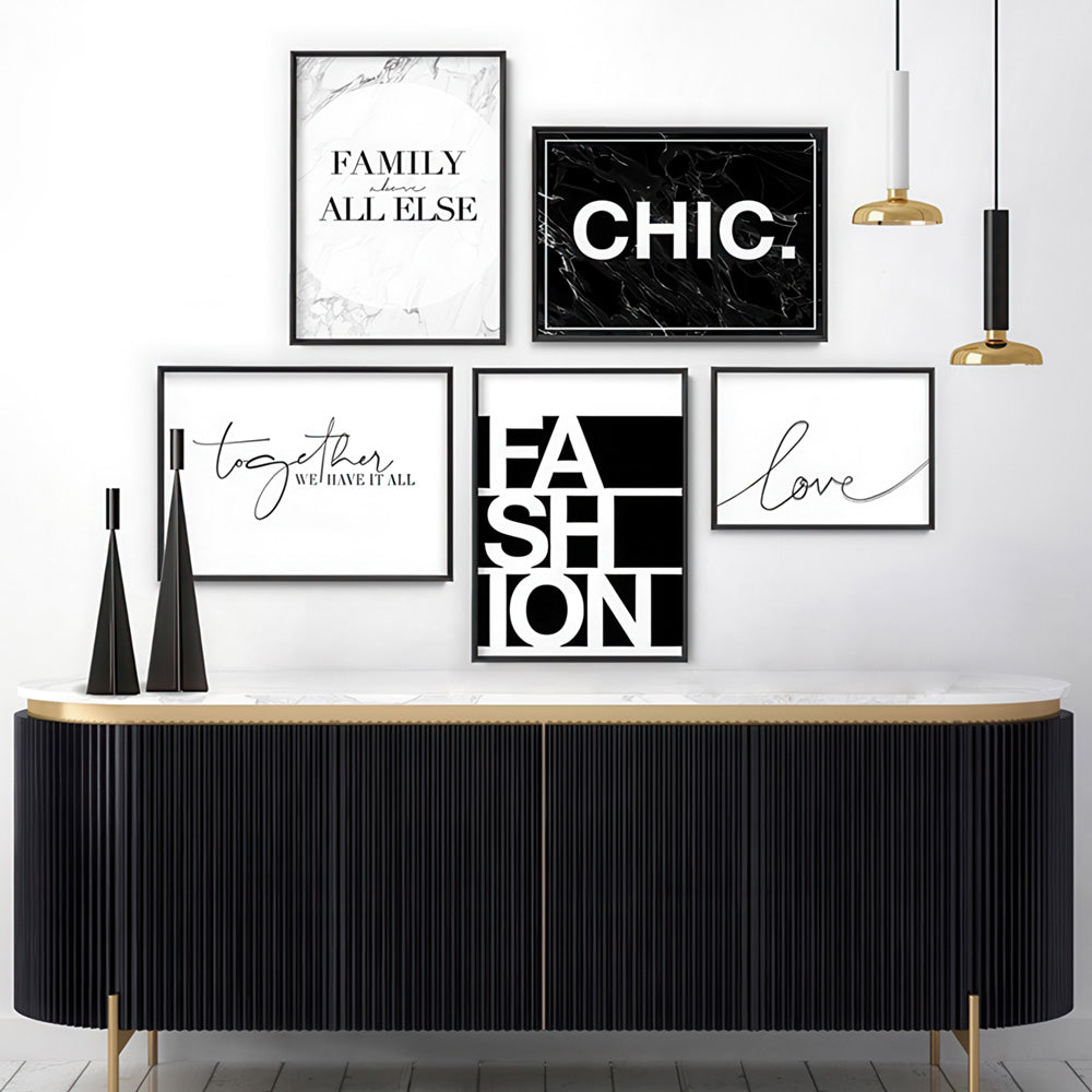 CHIC Word Typography - Art Print, Poster, Stretched Canvas or Framed Wall Art, shown framed in a home interior space