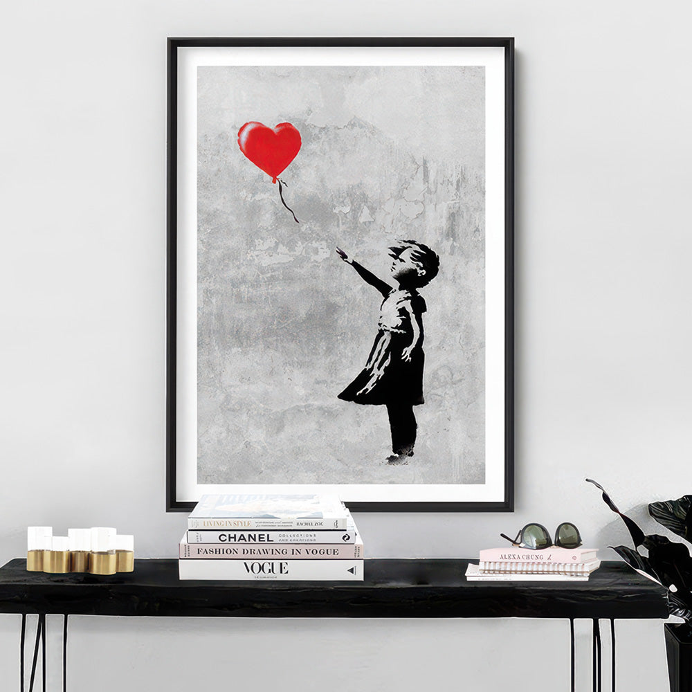 Girl With Red Balloon - Art Print, Poster, Stretched Canvas or Framed Wall Art Prints, shown framed in a room