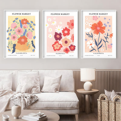 Flower Market | California - Art Print, Poster, Stretched Canvas or Framed Wall Art, shown framed in a home interior space