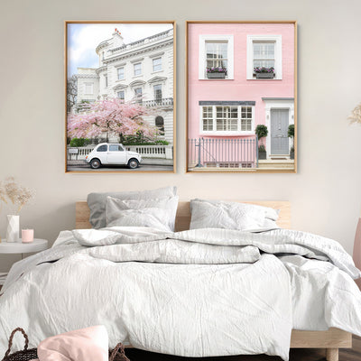 White Fiat in London - Art Print by Victoria's Stories, Poster, Stretched Canvas or Framed Wall Art, shown framed in a home interior space