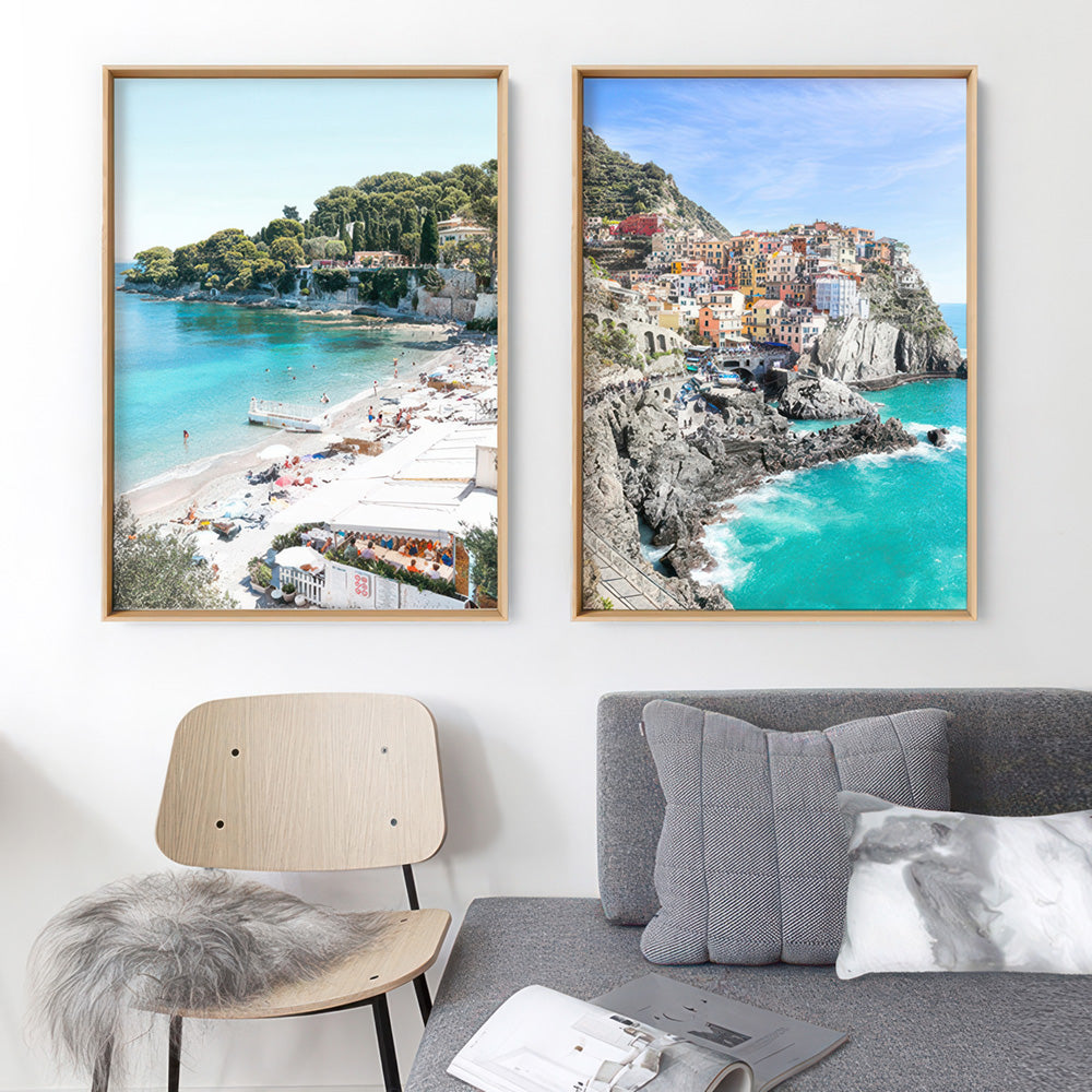 Portofino Beach Days - Art Print by Victoria's Stories, Poster, Stretched Canvas or Framed Wall Art, shown framed in a home interior space