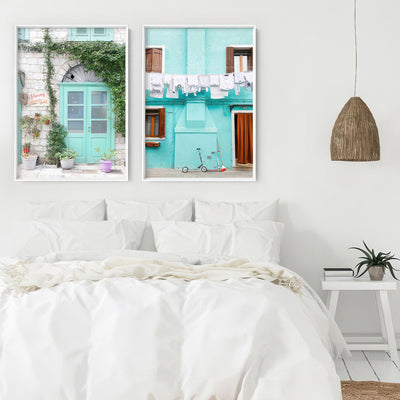 Pastel Door in Greece III - Art Print by Victoria's Stories, Poster, Stretched Canvas or Framed Wall Art, shown framed in a home interior space