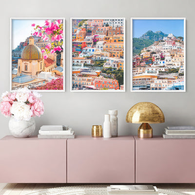 Positano Pastels I - Art Print by Victoria's Stories, Poster, Stretched Canvas or Framed Wall Art, shown framed in a home interior space