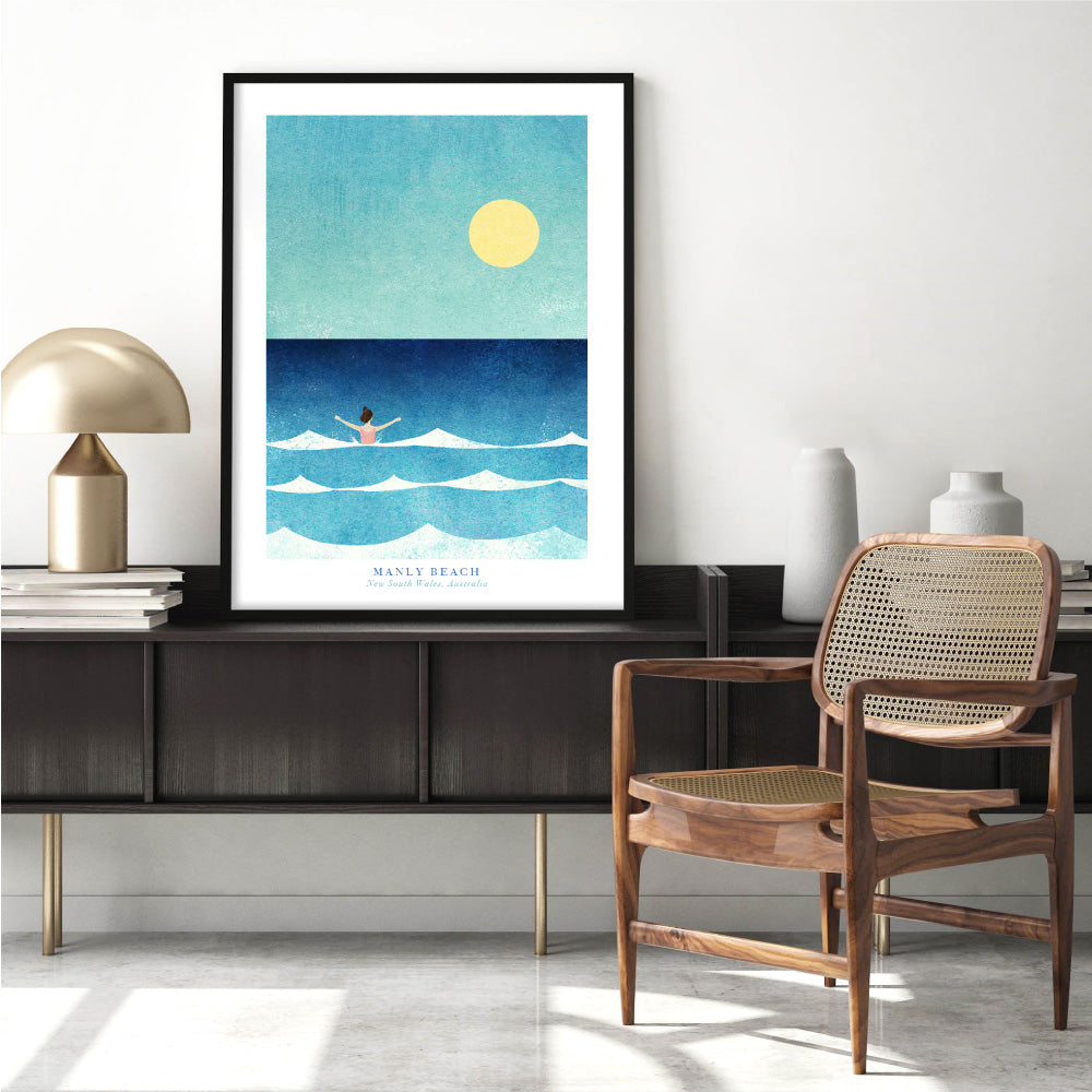 Manly Beach Illustration - Art Print by Henry Rivers, Poster, Stretched Canvas or Framed Wall Art Prints, shown framed in a room