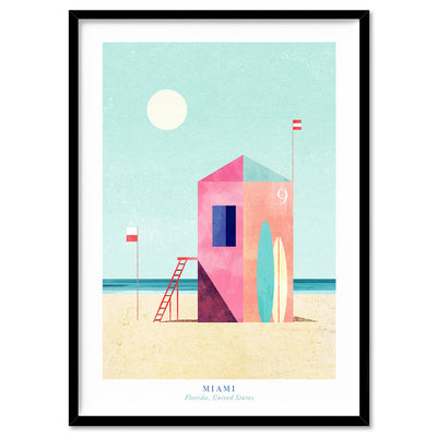 Miami Beach Illustration - Art Print by Henry Rivers, Poster, Stretched Canvas, or Framed Wall Art Print, shown in a black frame