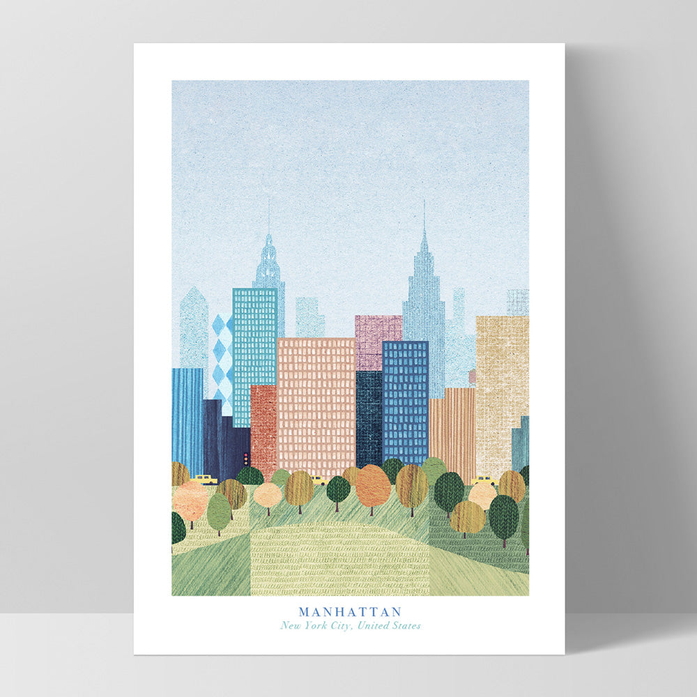 Manhattan New York Illustration - Art Print by Henry Rivers, Poster, Stretched Canvas, or Framed Wall Art Print, shown as a stretched canvas or poster without a frame