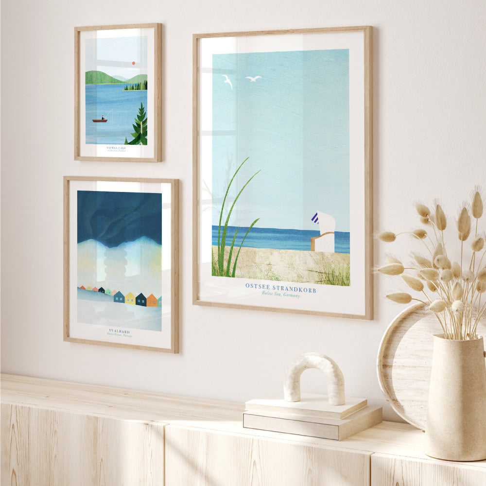 Ostsee Strandkorb Illustration - Art Print by Henry Rivers, Poster, Stretched Canvas or Framed Wall Art, shown framed in a home interior space